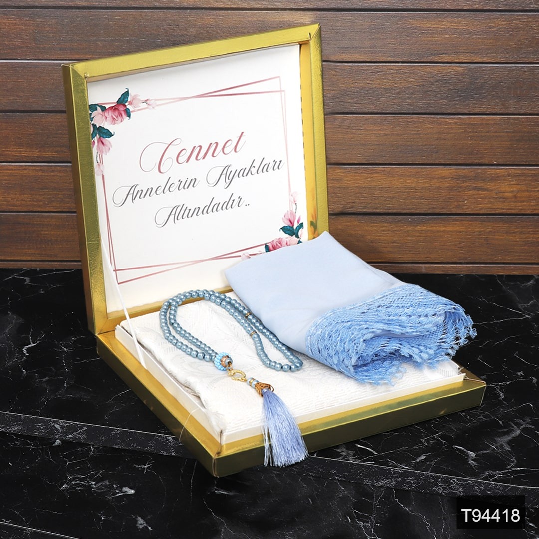 rtmdzd_mavi-min.jpg Anneler Gününe Özel Hediye Lüks Kutuda Namaz Başörtüsü + Seccade+İnci Tesbih - Görsel 1